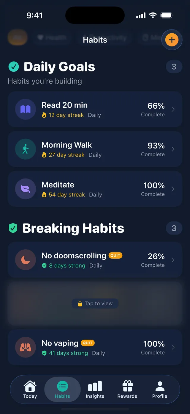 Habits list with private walking habit locked behind Face ID