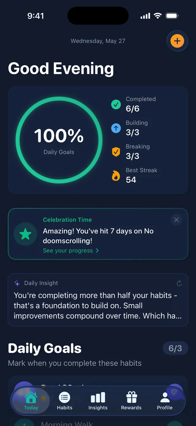 Unlooped home screen with quit and build habits tracked privately