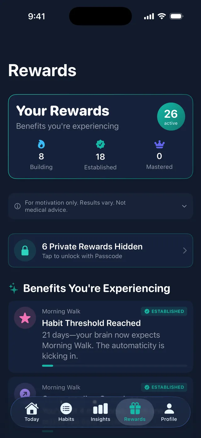 Unlooped Rewards screen with benefits earned